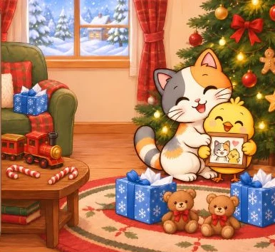 Christmas morning: Kiki hugging Pom by the tree while Pom holds up her drawing