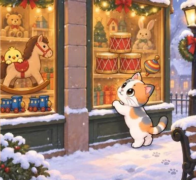 Kiki looking into a snowy toy shop window full of drums, trains and a rocking horse, Pom on the shelf