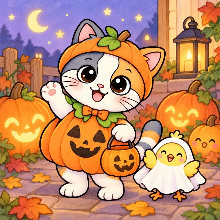 Kiki in a pumpkin costume with Pom dressed as a ghost