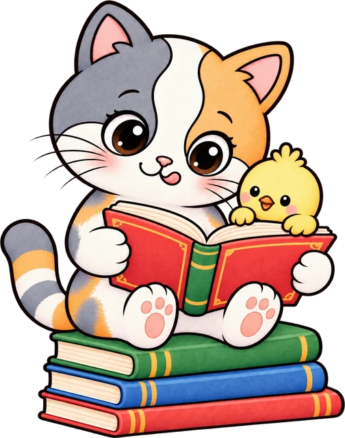 Kiki reading a book on a stack of books, Pom peeking over the pages
