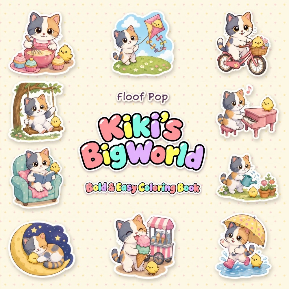 Cover of Kiki's Big World: ten stickers of Kiki and Pom baking, flying a kite, riding a bike, reading and sleeping on the moon