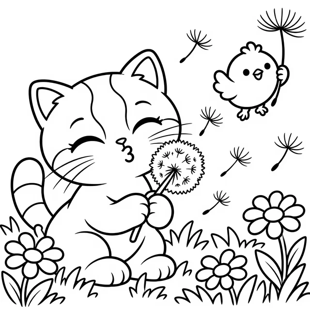 Free coloring page: Kiki blowing a dandelion while Pom floats away on a seed