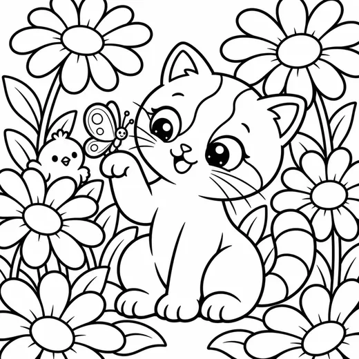 Coloring page: Kiki in a field of big daisies with a butterfly on her paw and Pom