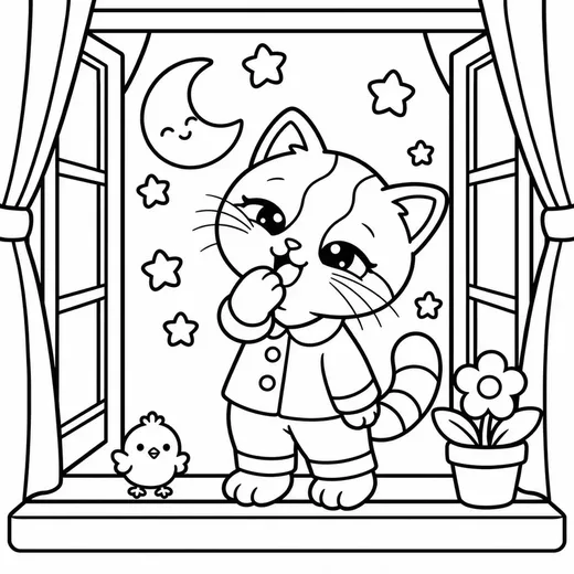 Coloring page: Kiki in pyjamas yawning at an open window under the moon and stars, Pom on the sill