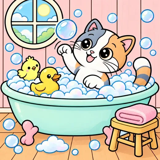 Coloring page: Kiki in a bubble bath with Pom and a rubber duck, colored