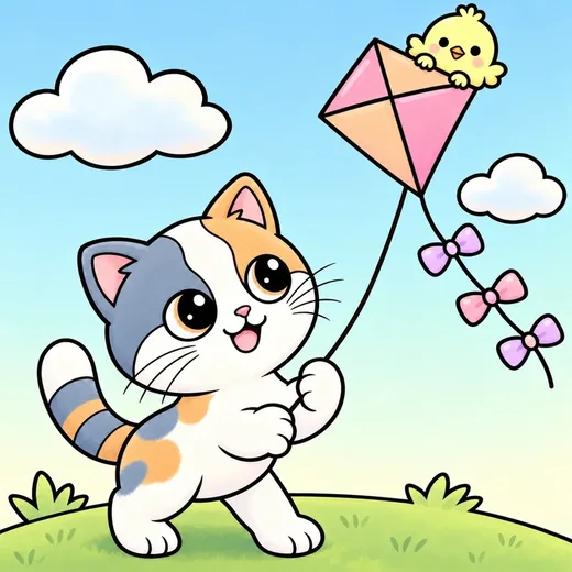 Coloring page: Kiki flying a pink kite with Pom riding on top, colored