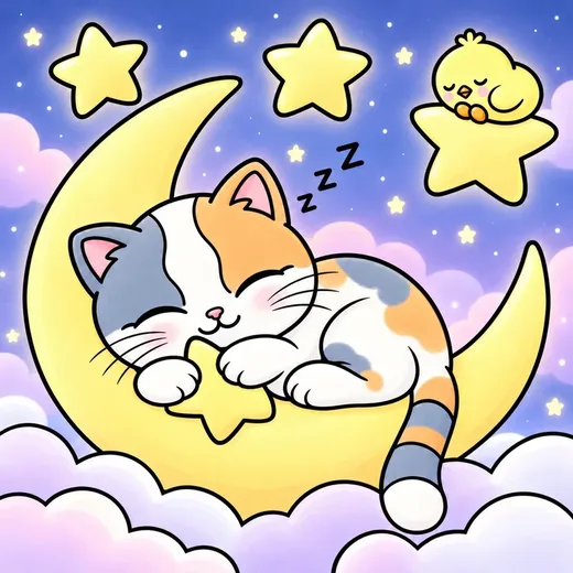 Coloring page: Kiki asleep on the moon while Pom naps on a star, colored